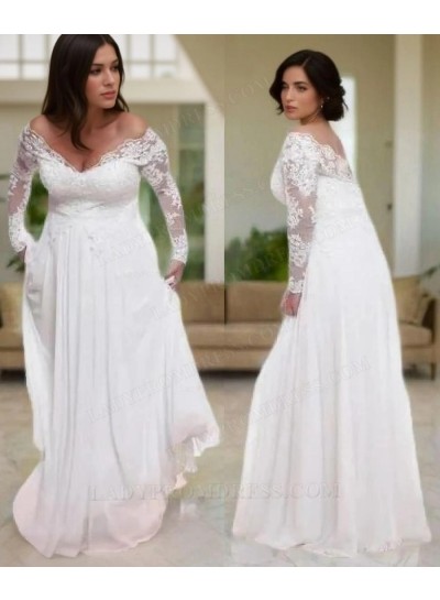 A Line Chiffon Off Shoulder Long Sleeves lace Plus Size Wedding Dresses 2024