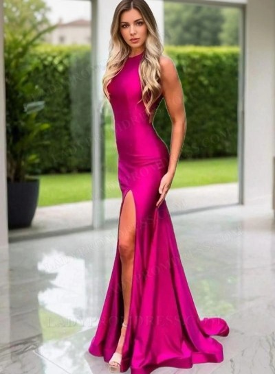 Charming Satin Side Slit Sheath Fuchsia Backless Prom Dresses 2024