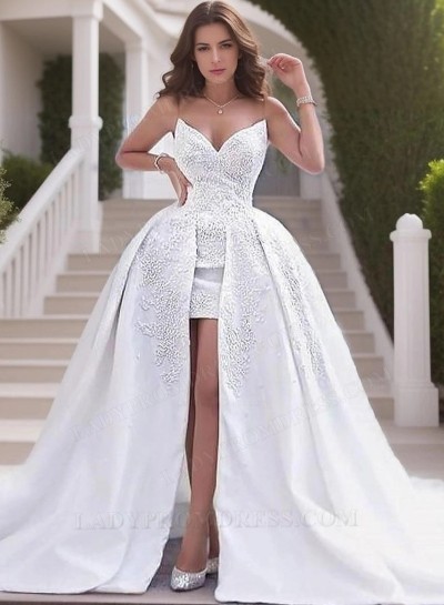 2024 New Arrival A Line Sweetheart Satin Beaded High Low Wedding Dresses
