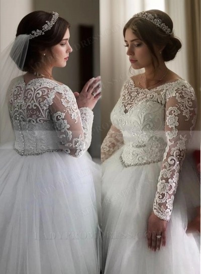 2025 Ball Gown Tulle Long Sleeves Empire Waist Lace Plus Size Wedding Dresses