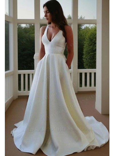 Satin A Line Bowknot Back Halter Natural Waist Sweep Train Wedding Dresses 2025