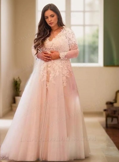 2025 A Line V Neck Tulle Long Sleeves With Appliques Plus Size Wedding Dresses