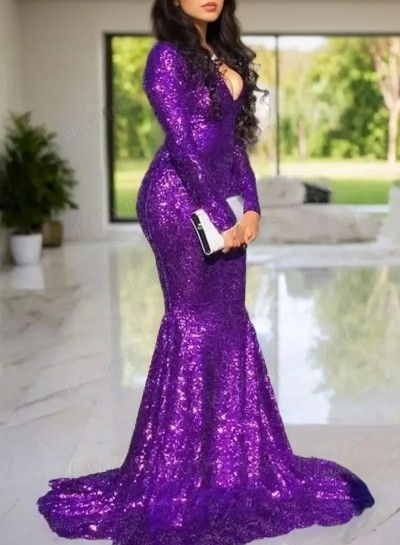 2025 Purple Sequence Long Sleeves Long Mermaid Prom Dress