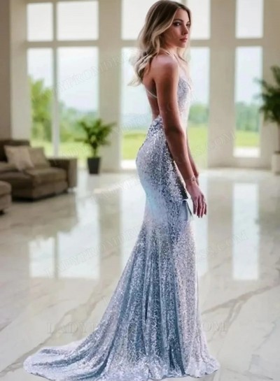 2024 Sequence Sheath Silver Sweetheart Halter Long Prom Dress