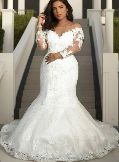2025 Mermaid/Trumpet Lace Sheer Neck Sweep/Brush Train Wedding Dresses