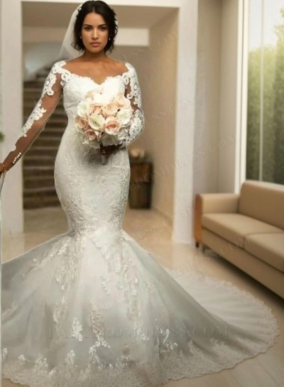 2025 Mermaid Lace Scoop Neck Long Sleeves Sweep Train Wedding Dresses