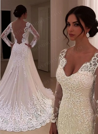 Long Sleeves Beige V Neck Sweetheart Mermaid Chapel Train Backless Wedding Dresses