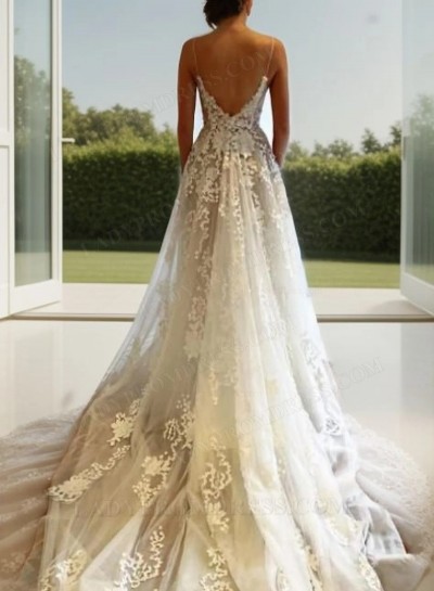 Backless A Line V Neck Tulle 2025 Lace Spaghetti Straps Wedding Dresses