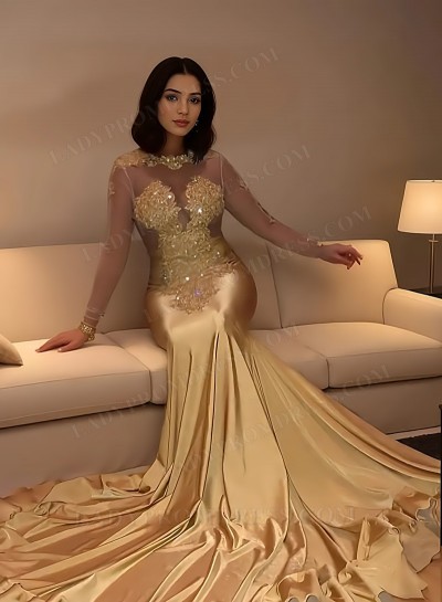 2025 Champagne Long Sleeves Mermaid Prom Dresses with Appliques