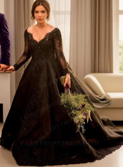 Long Sleeves V-neck Off the Shoulder Black Wedding Dresses