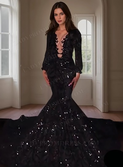 2025 Long Sleeves Deep V Mermaid Sequins Prom Dresses
