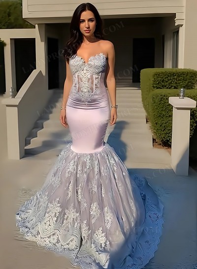 2025 Silver Mermaid Sweetheart Lace Sleeveless Prom Dresses with Appliques