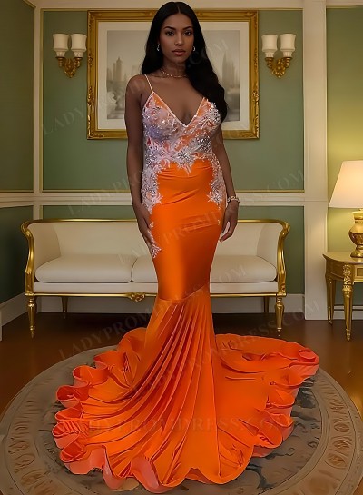 2025 Orange Spaghetti Straps Sleeveless Mermaid Sweep Brush Prom Dresses