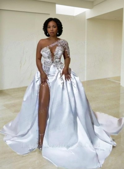One Shoulder Long Sleeves Ball Gown Plus Size Wedding Dresses 2025