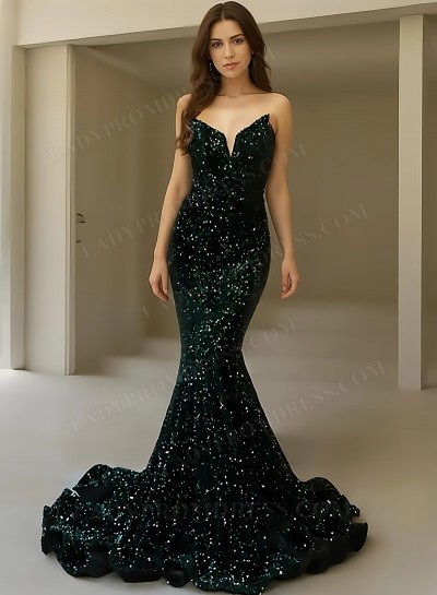 2025 Strapless Dark Green Sequined Long Mermaid Prom Dresses