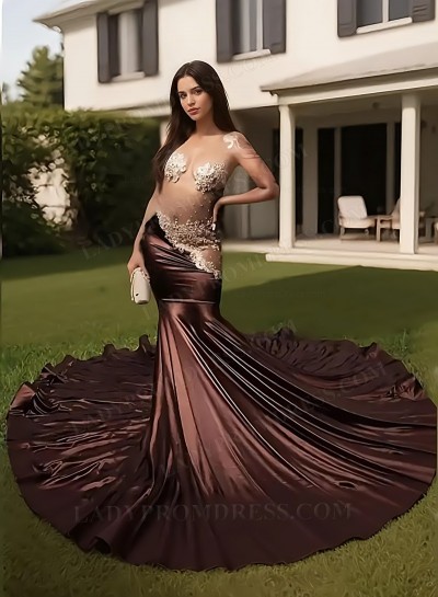 Mermaid Brown Sleeveless Sweep Brush Train 2025 Prom Dresses