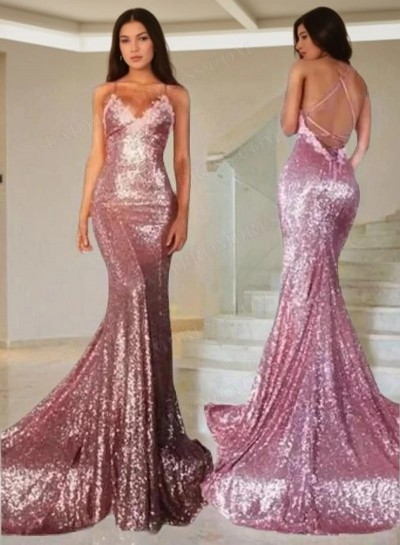 Mermaid/Trumpet Spaghetti Straps Backless Sequins Prom Dresses
