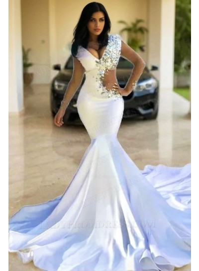 2024 Sexy White V-neck Mermaid/Trumpet Beaded Prom Dresses