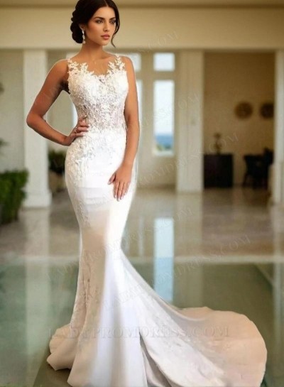 2025 Charming Mermaid Satin Long Train Lace Beach Wedding Dresses