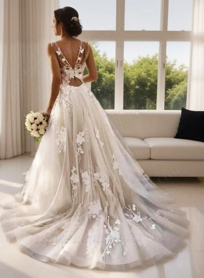 A Line Tulle With Appliques Backless Long Beach Wedding Dresses 2025