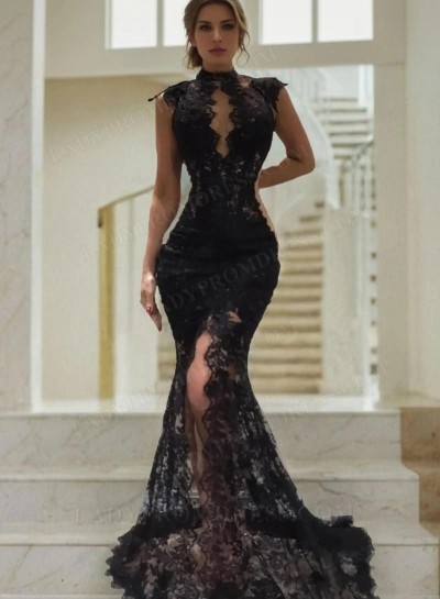 Charming Black High Neck Lace Mermaid 2024 Prom Dresses