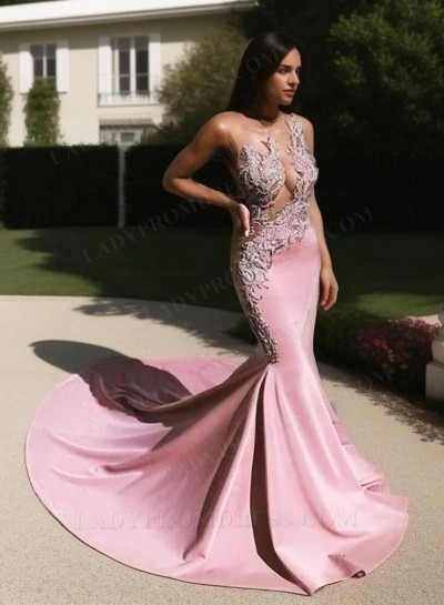 Mermaid Pink Satin Sleeveless Long Prom Dresses
