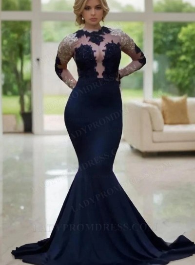 Sexy Dark Navy Long Sleeves 2024 Prom Dresses