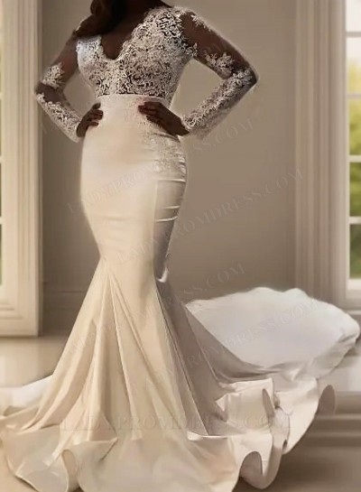 Sexy Mermaid Long Sleeves Satin And Lace 2025 Wedding Dresses