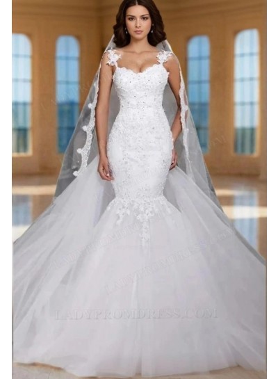 Tulle Mermaid Applique Sweetheart Sweep Train Wedding Bridal Gowns / Dresses