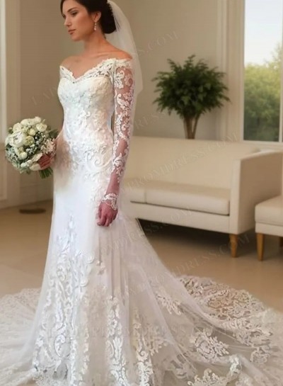 Tulle Court Train Sheath/Column Long Sleeve Off-The-Shoulder Covered Button Wedding Dresses / Gowns With Appliqued