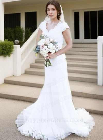 Chiffon Sweep Train Sheath/Column Sleeveless V-Neck Covered Button Wedding Dresses / Gowns With Appliqued