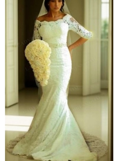Sexy Mermaid Off The Shoulder Lace Sleeves Bowknot Wedding Dresses