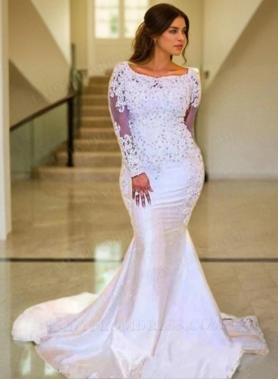 Charming Mermaid Long Sleeves Satin Scoop Wedding Dresses 2025