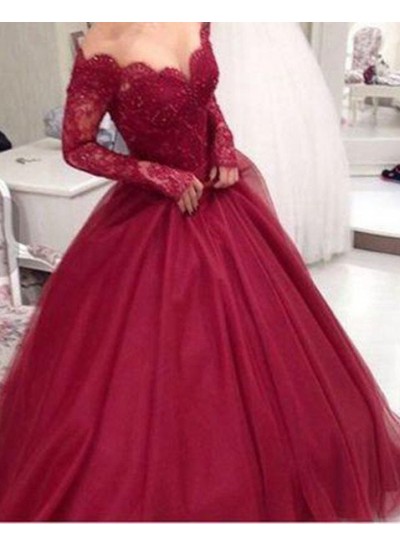 2024 Gorgeous Red A-Line/Princess Long Sleeve Natural Lace Floor-Length/Long Tulle Prom Dresses