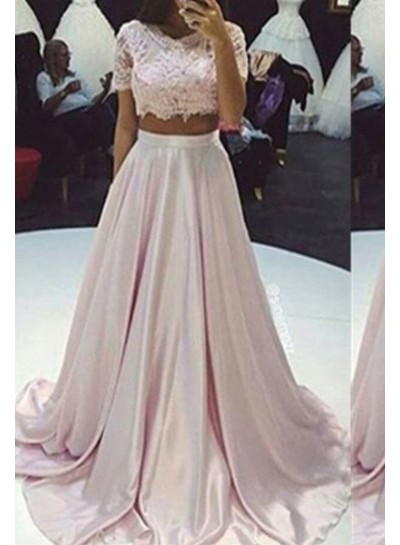 Floor-Length/Long A-Line/Princess Lace Two Pieces Taffeta 2024 Glamorous Pink Prom Dresses