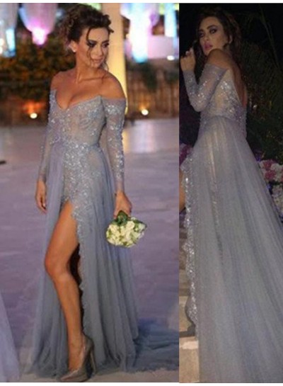 Floor-Length/Long A-Line/Princess Beading Off-the-Shoulder Chiffon Silver Prom Dresses