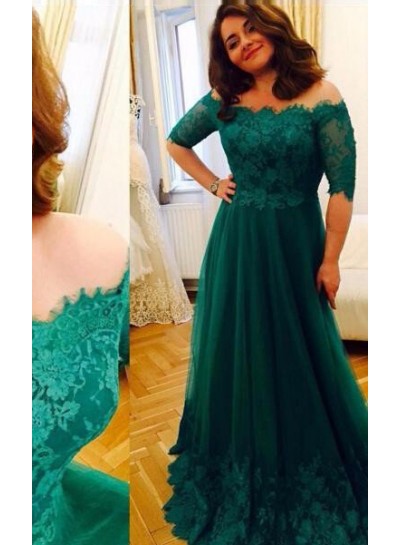 Hunter Green Off-the-Shoulder Half Sleeves Lace A-Line/Princess Tulle Prom Dresses