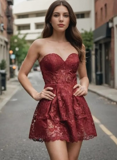2025 Burgundy Lace Strapless Sweetheart A-Line Mini Homecoming Dresses