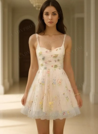 2025 Ivory Floral Embroidered Spaghetti Strap Mini Homecoming Dresses