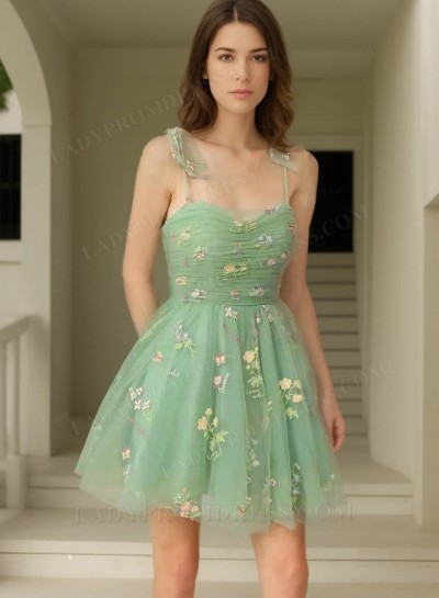 2025 Sage Green Floral Embroidered Ruched Tulle Party Dresses