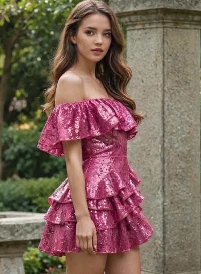 2025 Fuchsia Sequins Off the Shoulder Ruffle Tiered Mini Homecoming Dresses