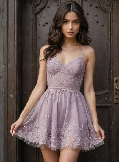 2025 Lavender Lace Spaghetti Straps Fit and Flare Mini Homecoming Dresses