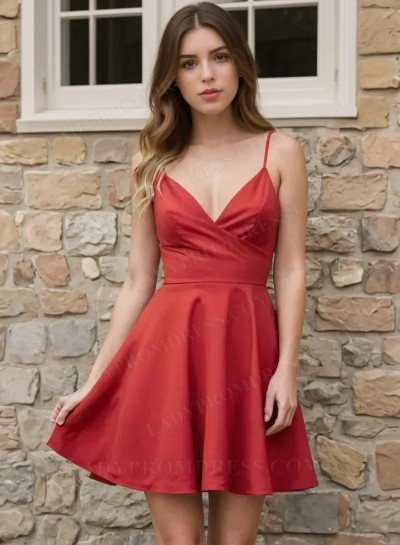 2025 A-line Red Spaghetti Strap V-Neck Fit and Flare Homecoming Dresses