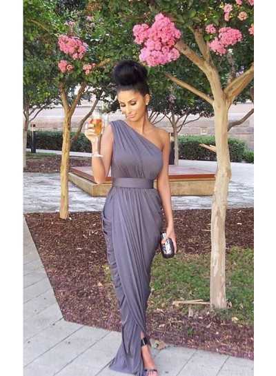 2024 New Arrival Chiffon Tight Ruffles Light Slate Grey One Shoulder Bridesmaid Dresses / Gowns
