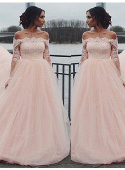 Long Sleeve Off-the-Shoulder Lace A-Line/Princess Tulle 2024 Glamorous Pink Prom Dresses
