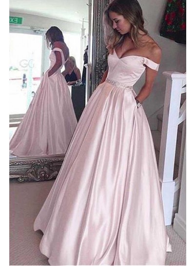 2024 Siren Princess/A-Line Satin Off The Shoulder Blushing Pink Prom Dresses