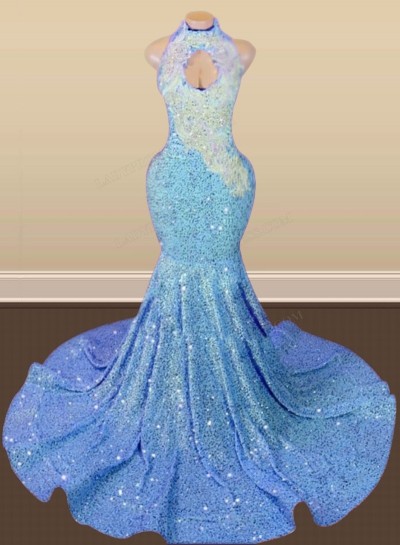 Blue Halter Sequins Long Mermaid Prom Dresses 2024