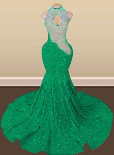 Emerald Halter Sequins Long Mermaid Prom Dresses 2024