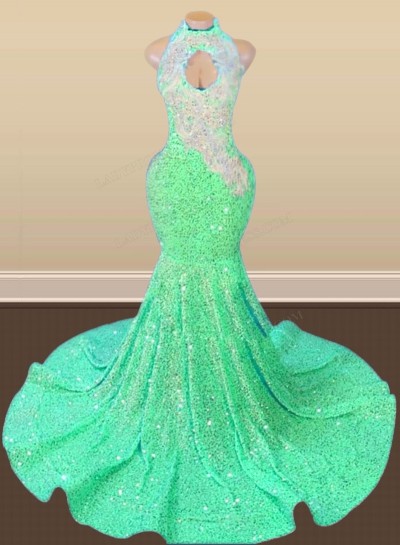 Mint Green Halter Sequins Long Mermaid Prom Dresses 2024