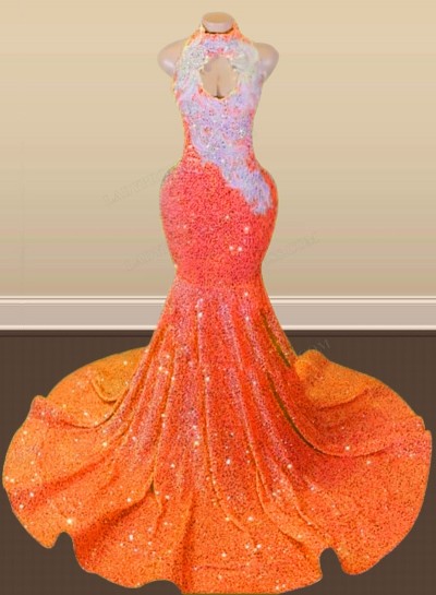 Orange Halter Sequins Long Mermaid Prom Dresses 2024
